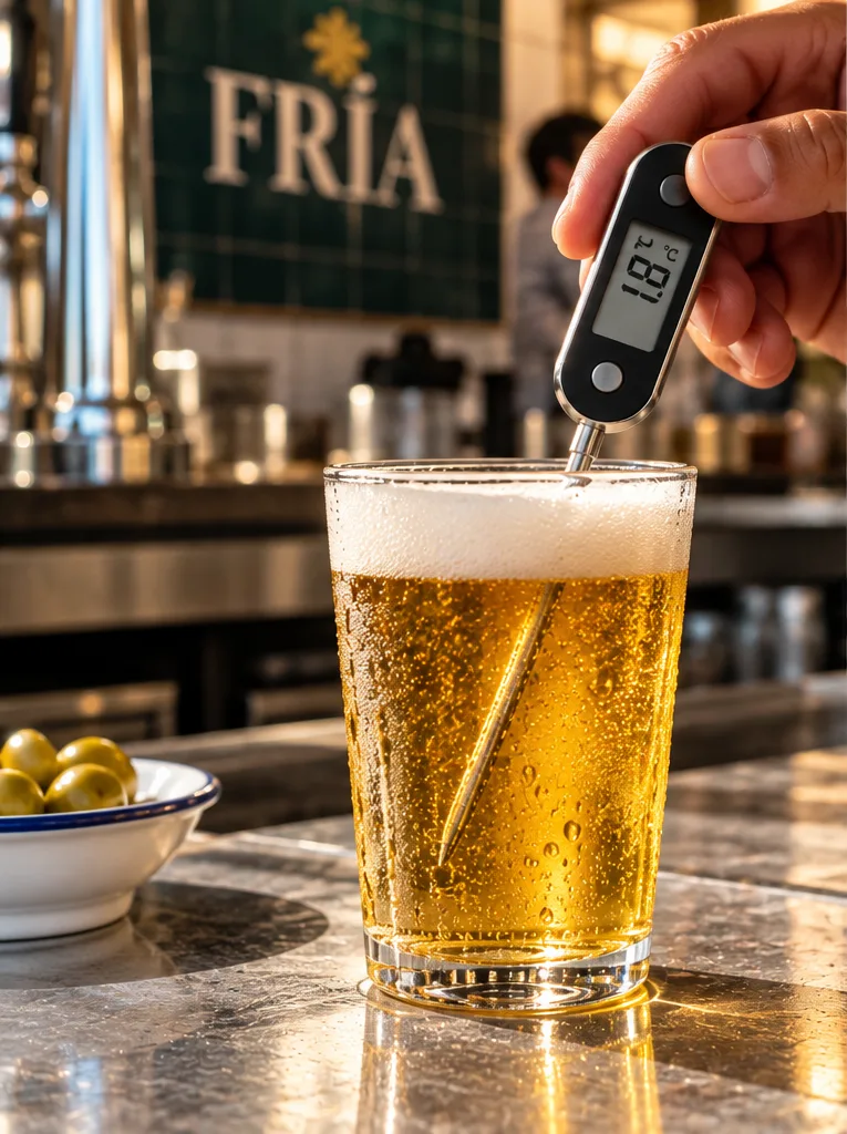 Persona midiendo la temperatura de una caña con un termómetro digital en la barra