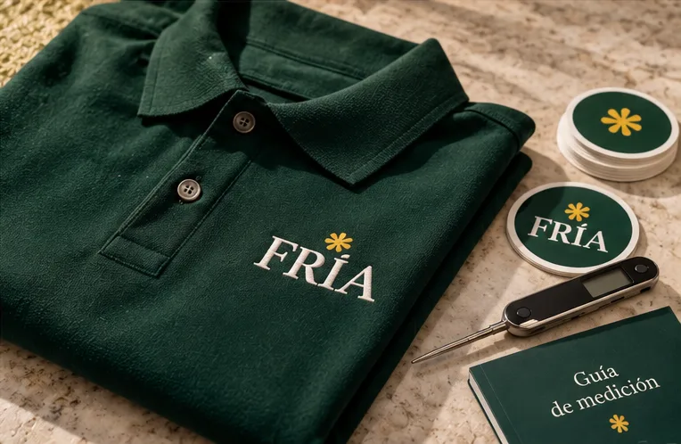 Kit FRÍA: polo verde con el logotipo bordado, pegatinas, medidor digital y guía de medición