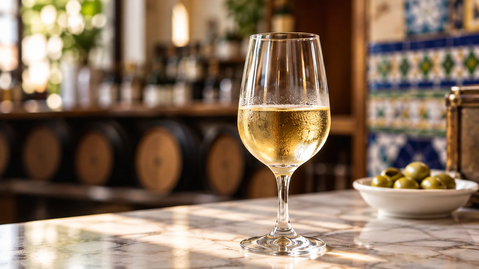 Copa de manzanilla servida sobre una barra de mármol, con aceitunas al lado
